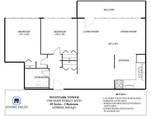 Floor plan for 2 beds, 1 bath, 840 sqft
